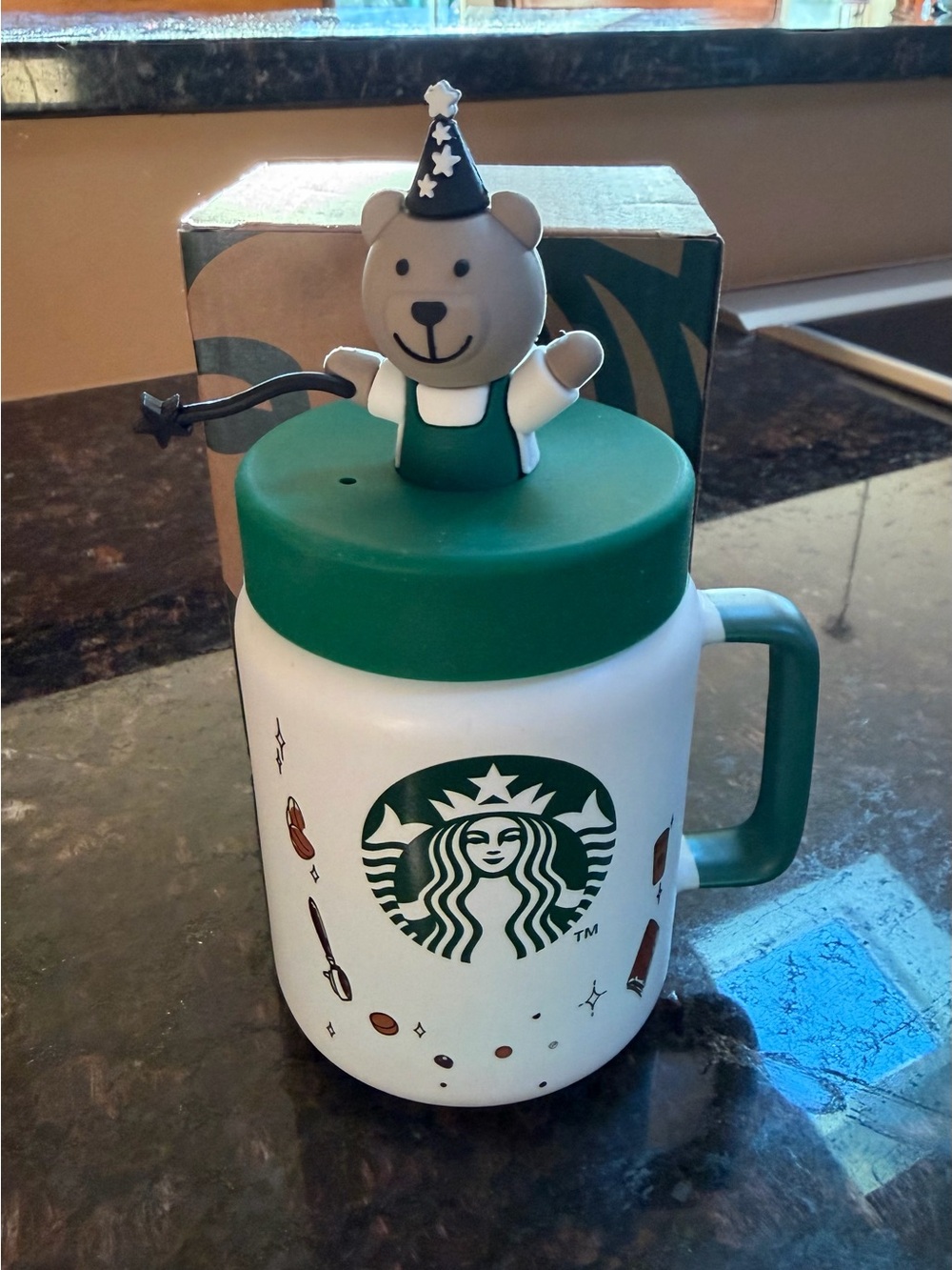 Starbucks 2025 Magician Bear Ceramic Mug with Green Lid, Handle and Bear Topper